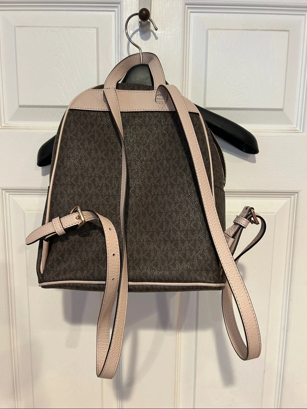 Michael Kors Dark Brown MK Monogram Backpack with Light Pink Trim